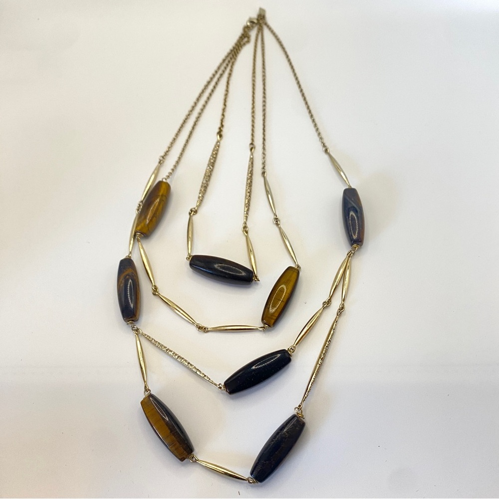 Alexis Bittar Tigers Eye Spear Multi Strand Bib Necklace Brown Gold Pavè Crystal